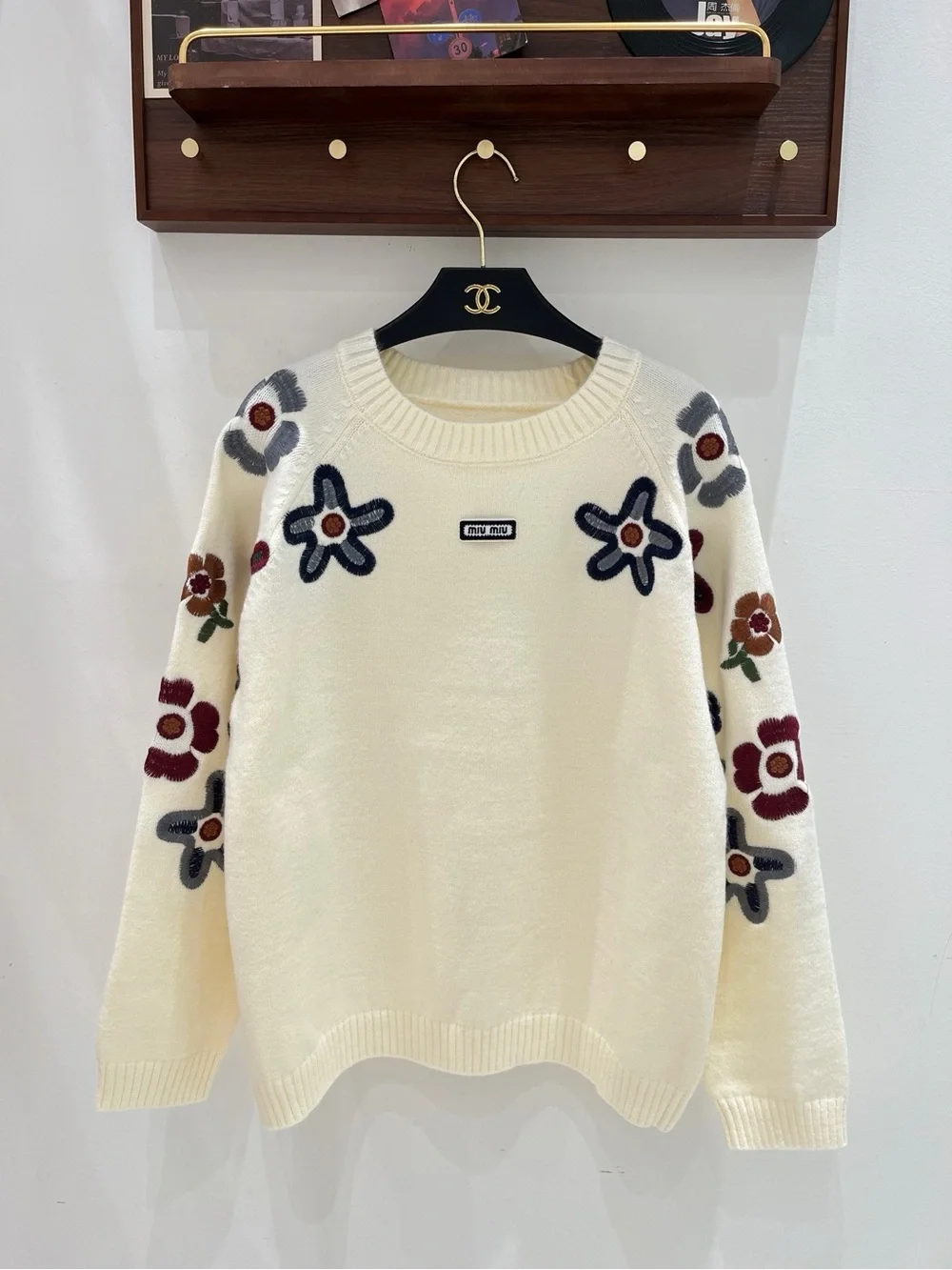 Miu Miu Cream Sweater with Multicolor Floral Embroidery